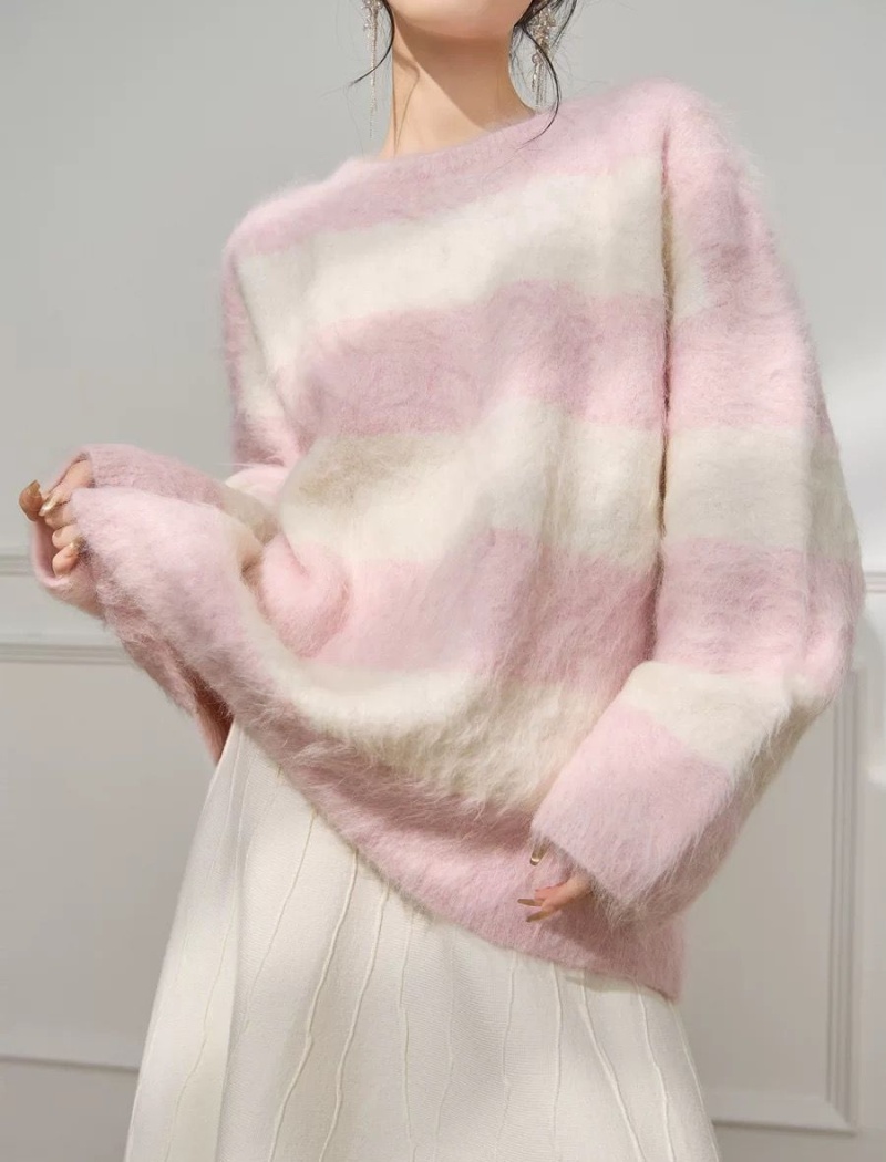 Stripe pink tops show young lazy sweater