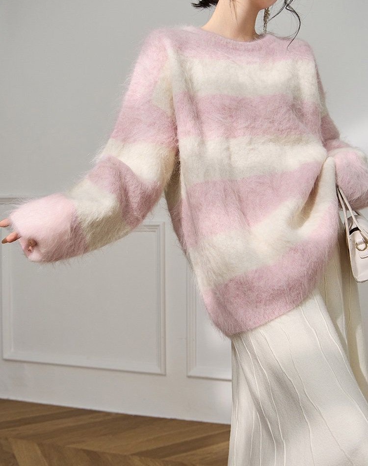 Stripe pink tops show young lazy sweater