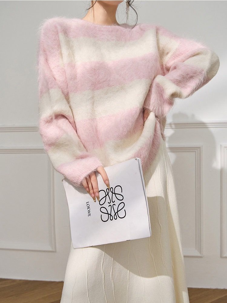 Stripe pink tops show young lazy sweater