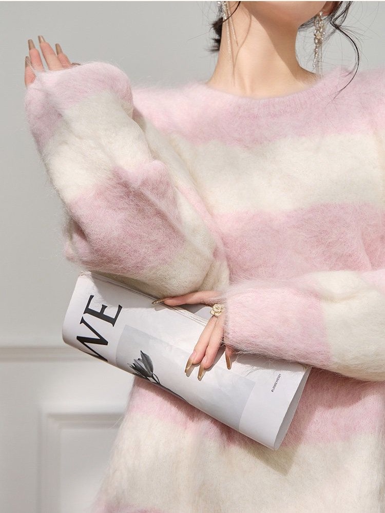 Stripe pink tops show young lazy sweater