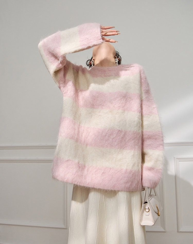 Stripe pink tops show young lazy sweater