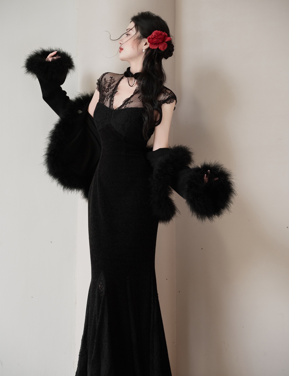 Elmo autumn and winter coat splice lace cheongsam a set