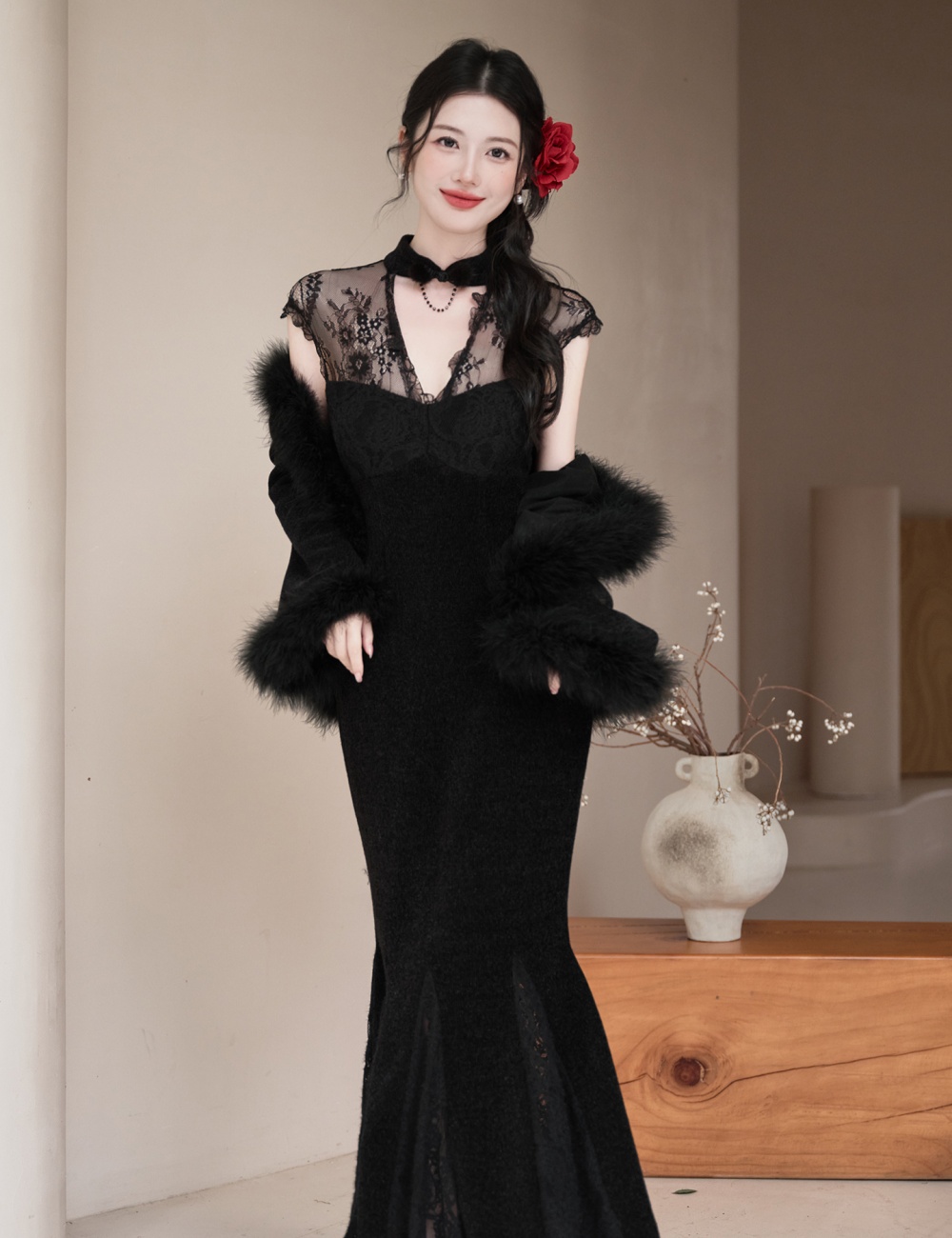Elmo autumn and winter coat splice lace cheongsam a set