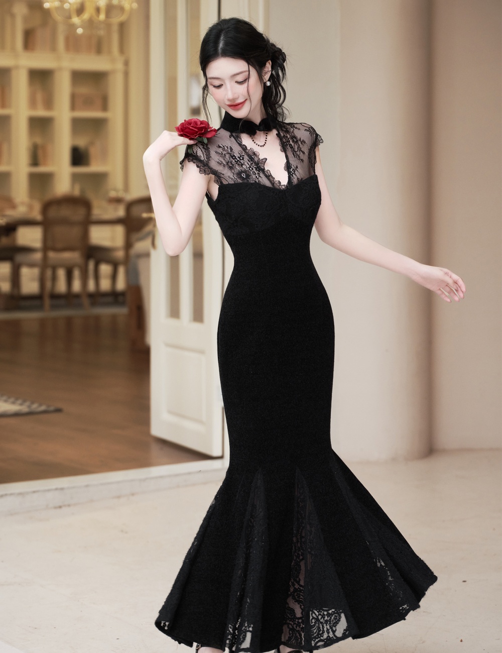 Elmo autumn and winter coat splice lace cheongsam a set