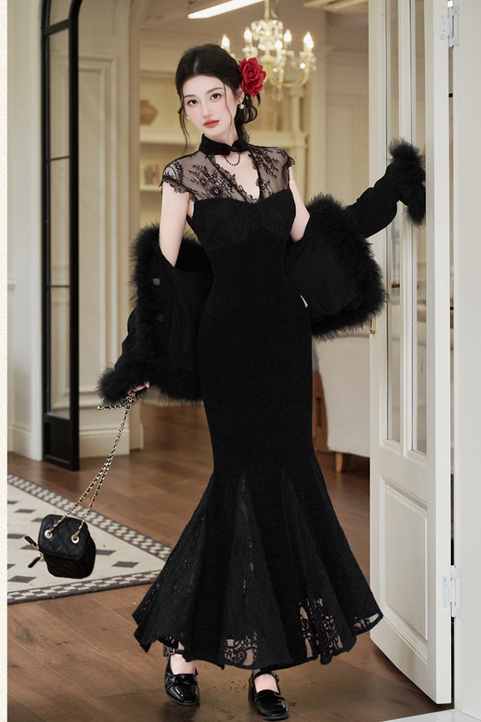 Elmo autumn and winter coat splice lace cheongsam a set