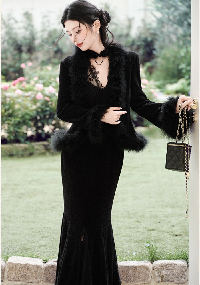 Elmo autumn and winter coat splice lace cheongsam a set