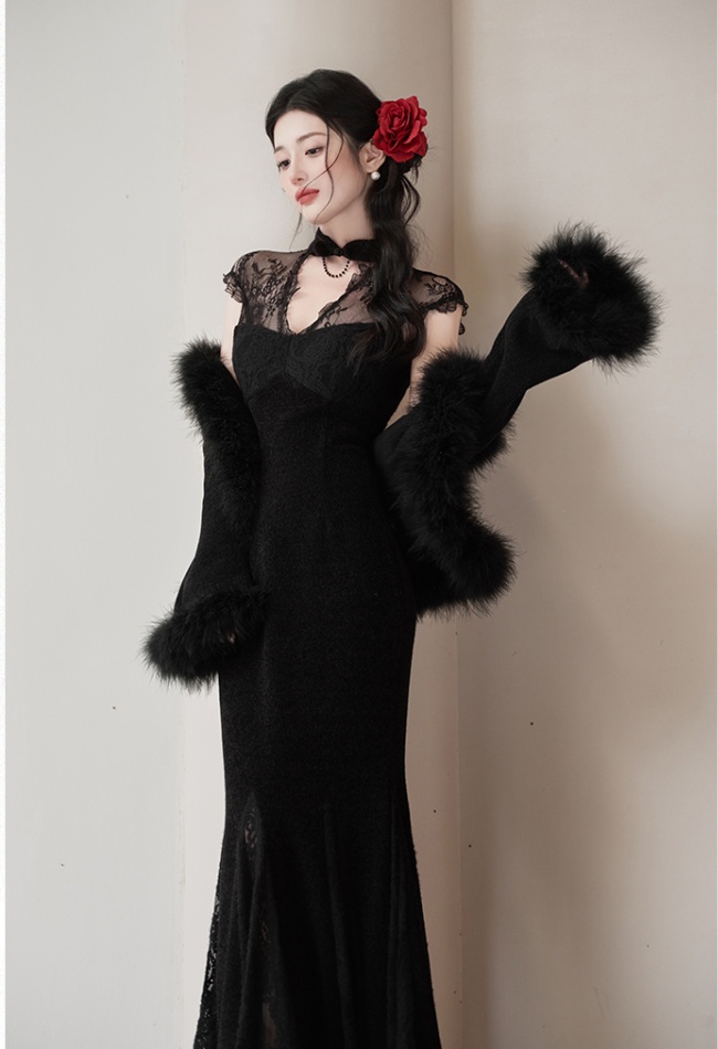 Elmo autumn and winter coat splice lace cheongsam a set