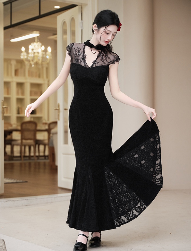 Elmo autumn and winter coat splice lace cheongsam a set