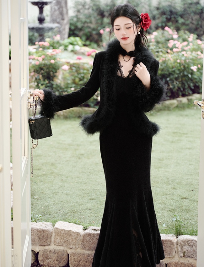 Elmo autumn and winter coat splice lace cheongsam a set