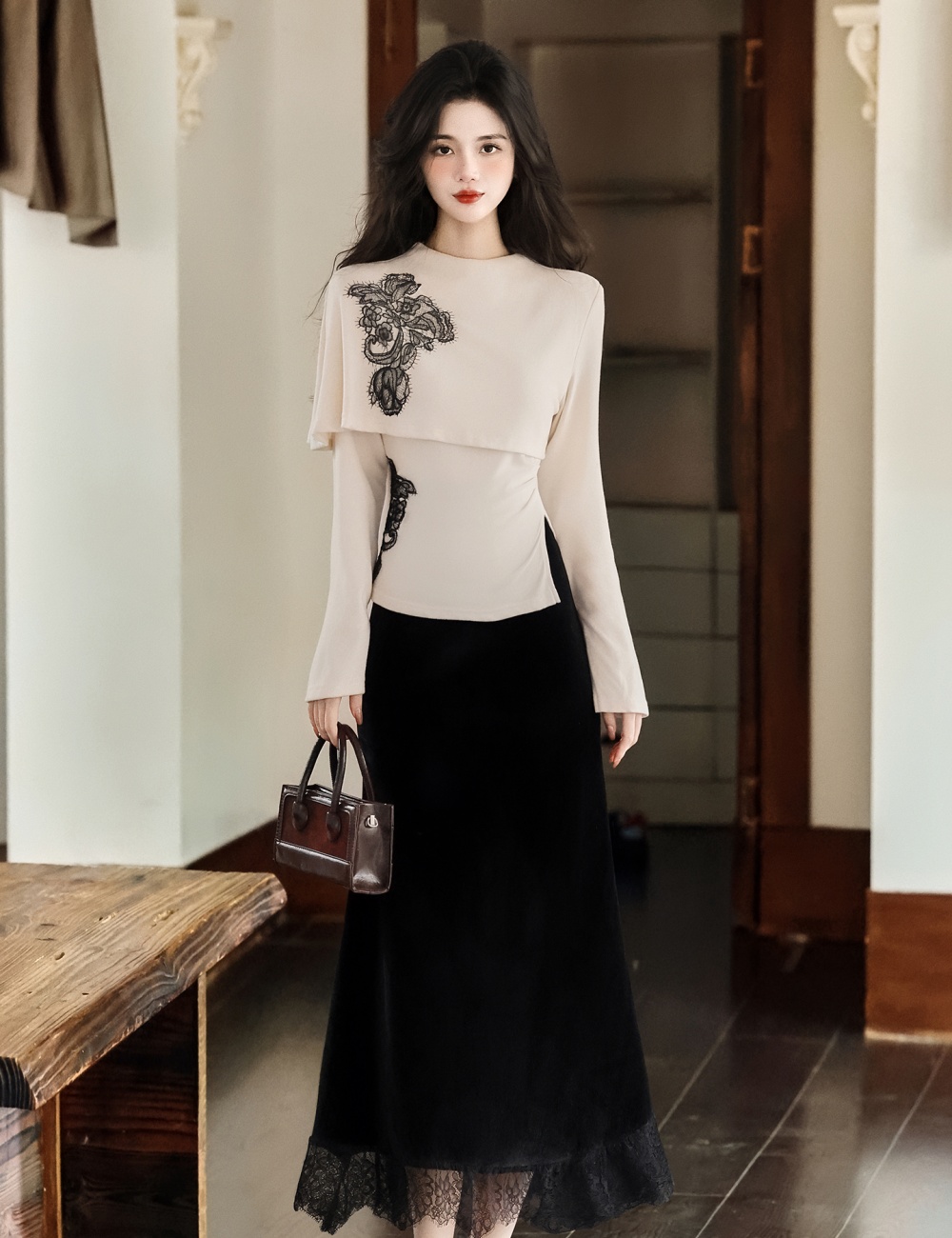 Mermaid skirt collocation black tops 2pcs set