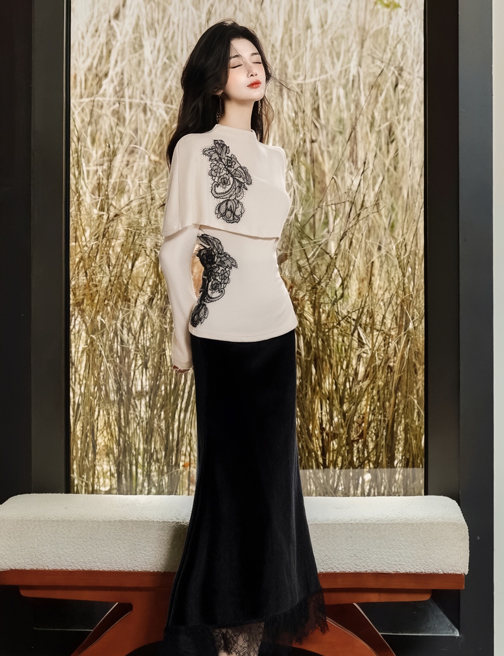 Mermaid skirt collocation black tops 2pcs set