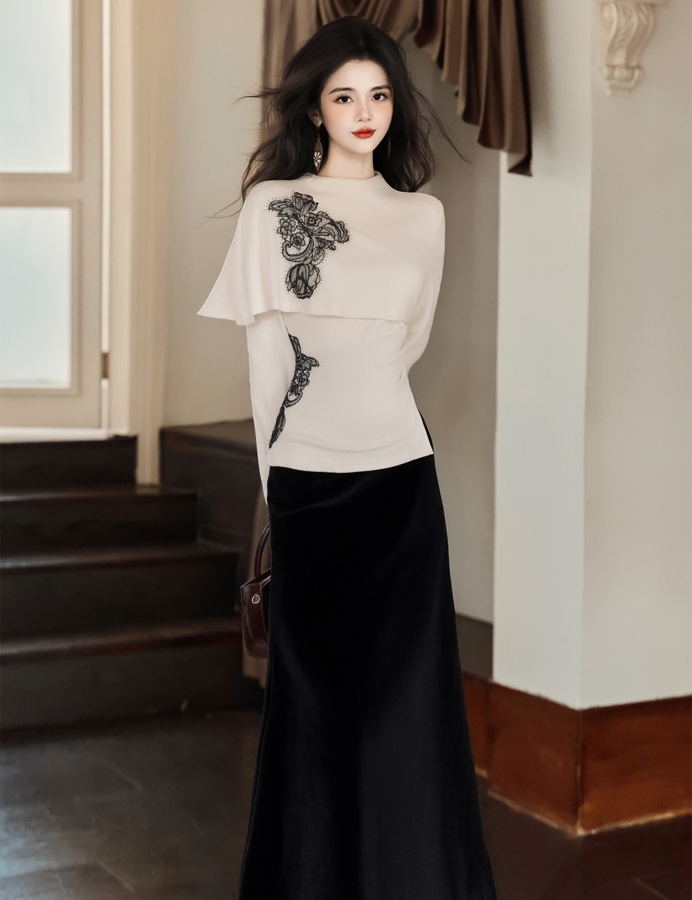 Mermaid skirt collocation black tops 2pcs set