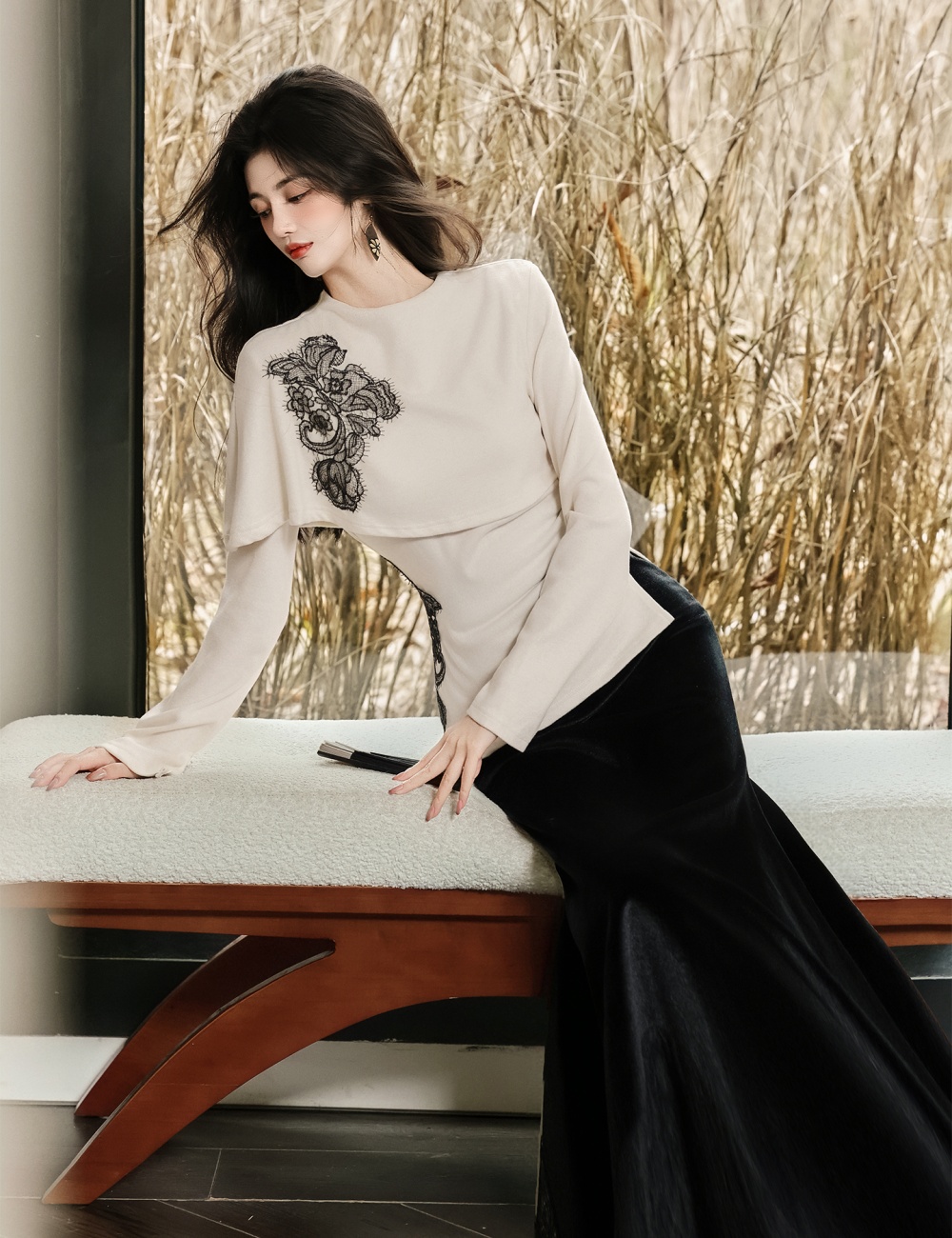 Mermaid skirt collocation black tops 2pcs set