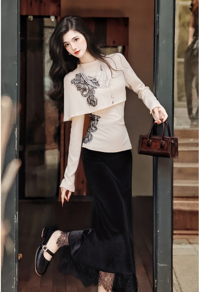 Mermaid skirt collocation black tops 2pcs set