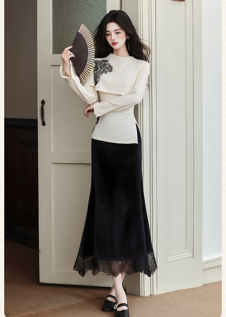 Mermaid skirt collocation black tops 2pcs set