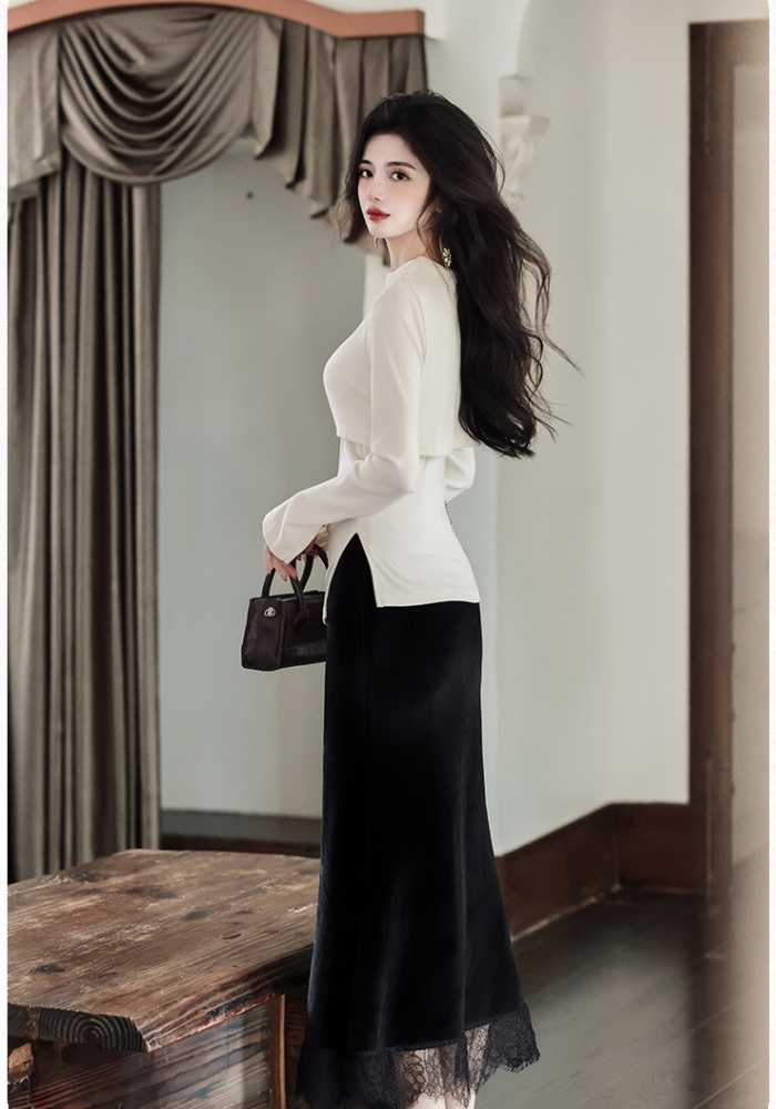 Mermaid skirt collocation black tops 2pcs set