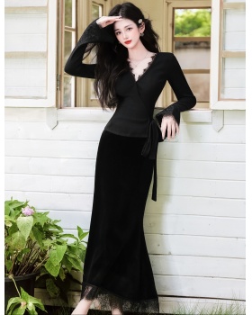 Black splice skirt lace V-neck tops 2pcs set