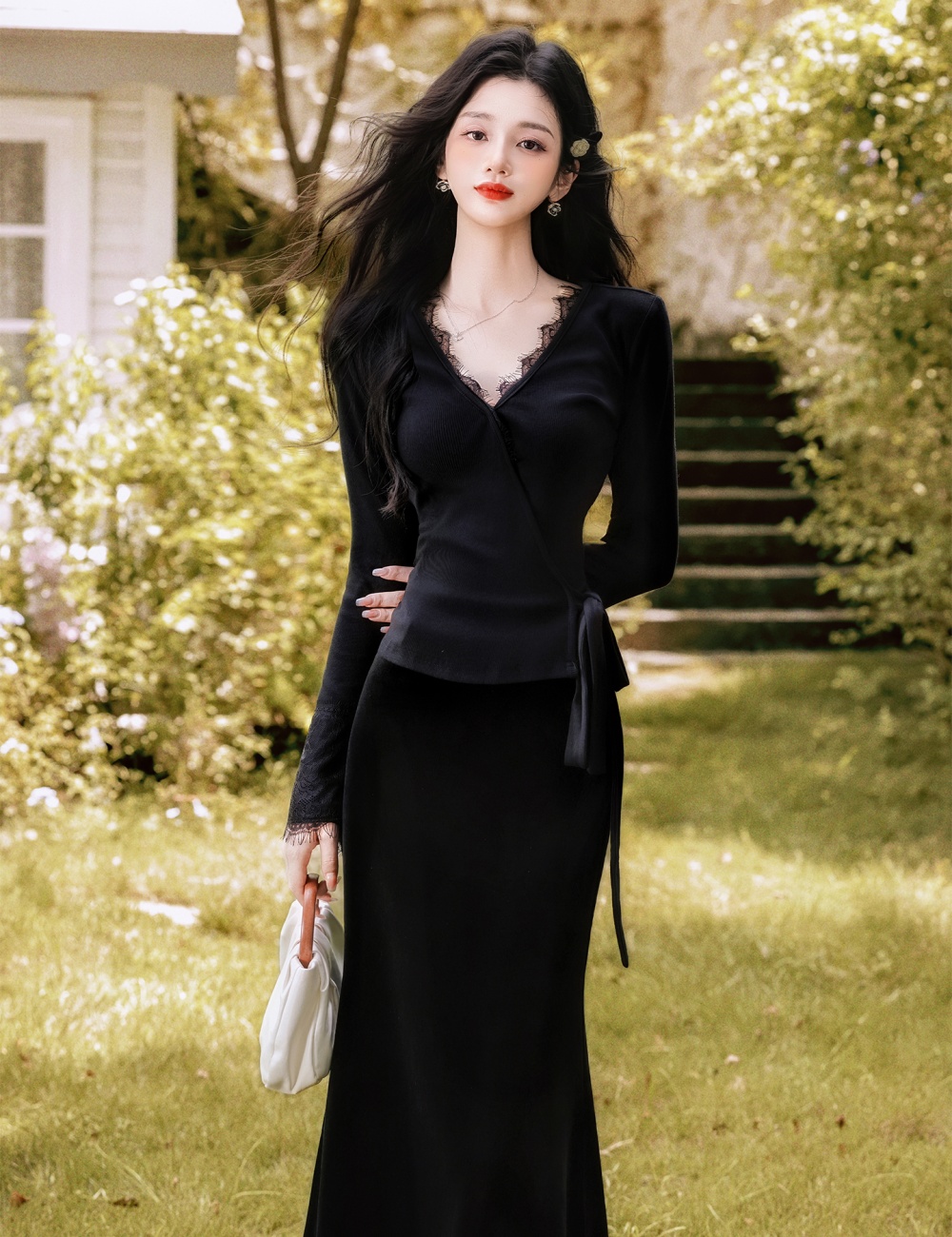 Black splice skirt lace V-neck tops 2pcs set