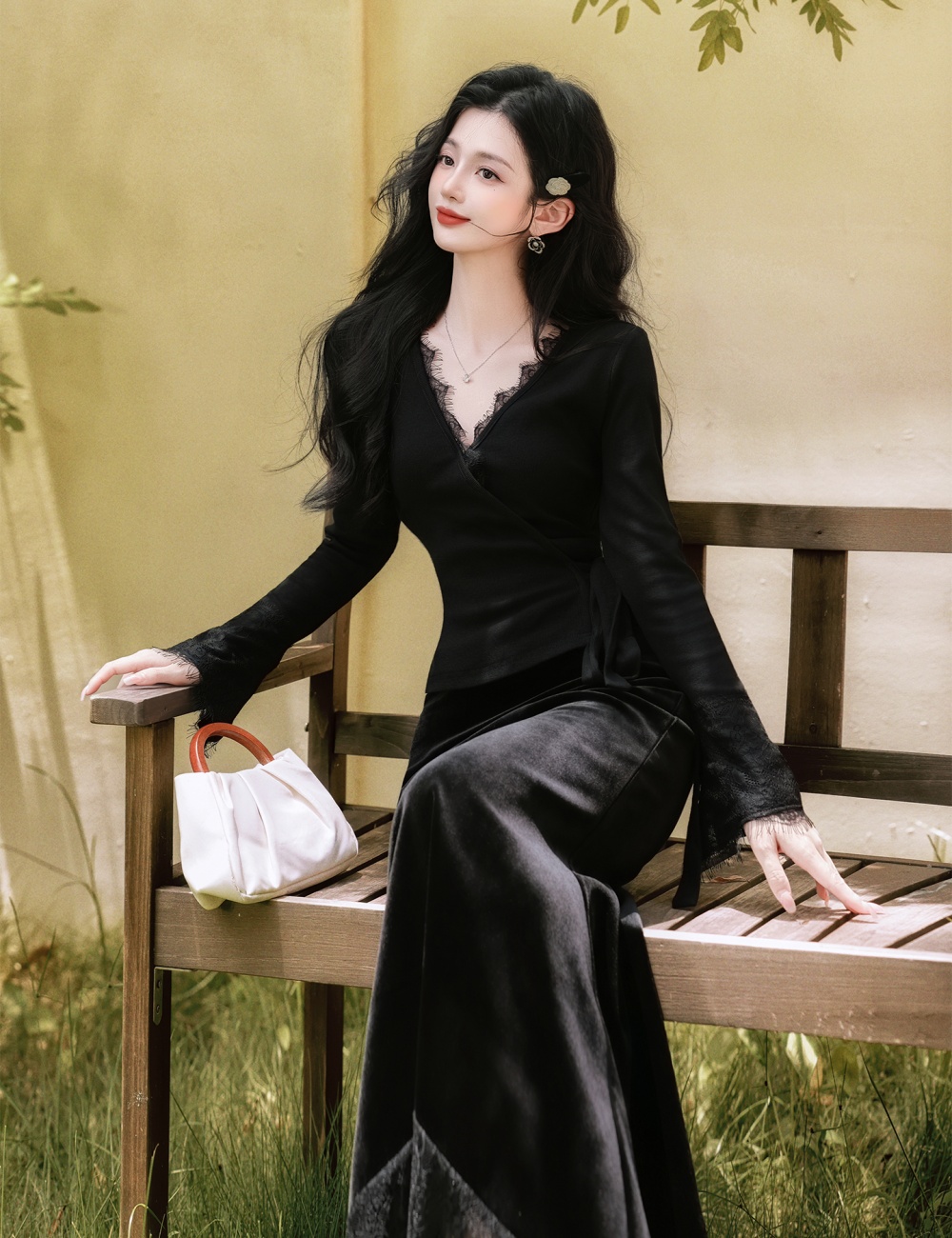 Black splice skirt lace V-neck tops 2pcs set