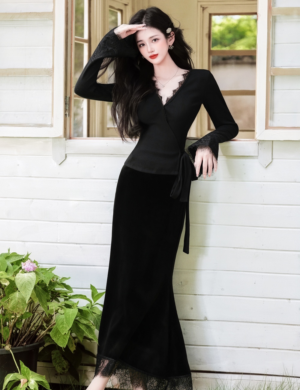 Black splice skirt lace V-neck tops 2pcs set