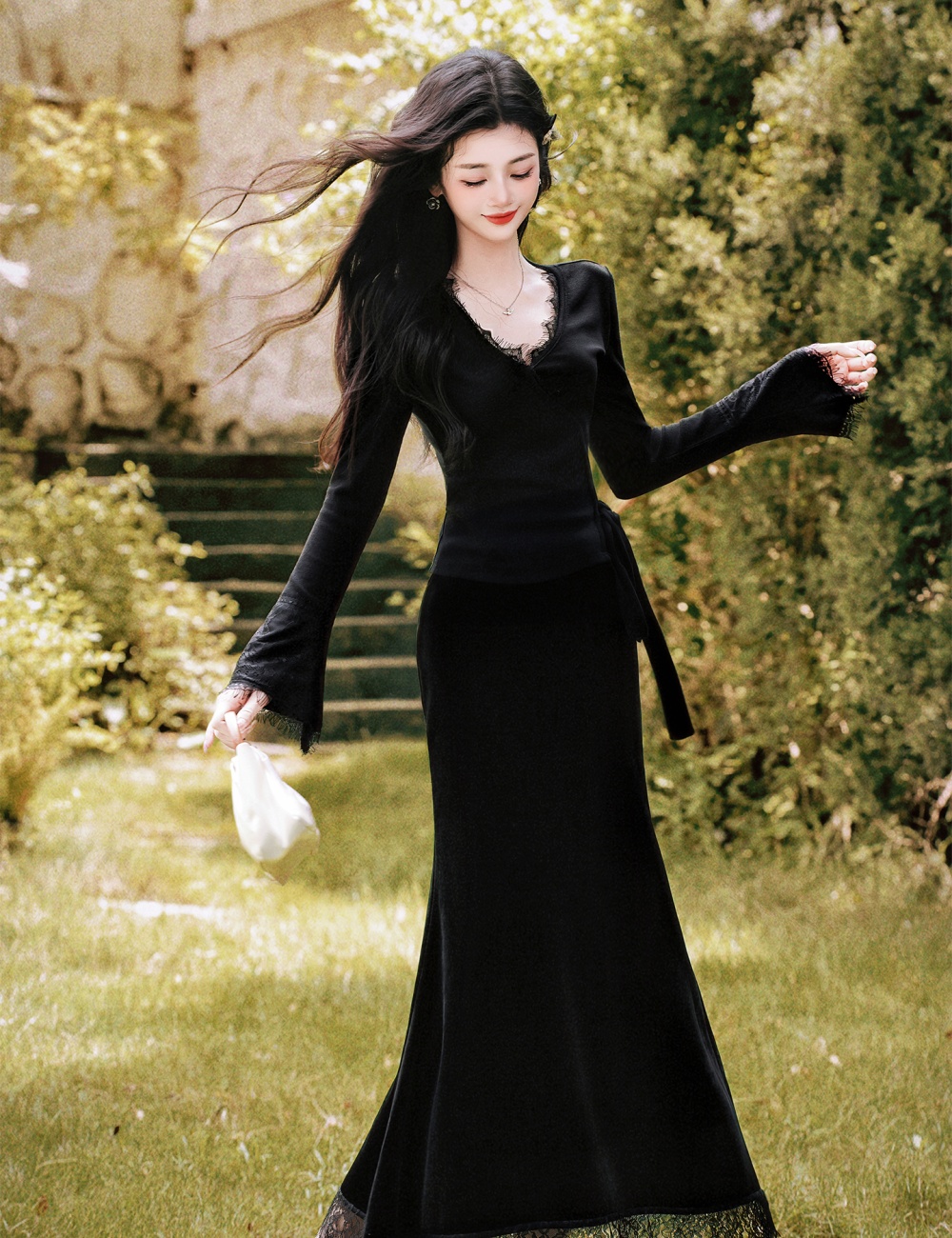 Black splice skirt lace V-neck tops 2pcs set