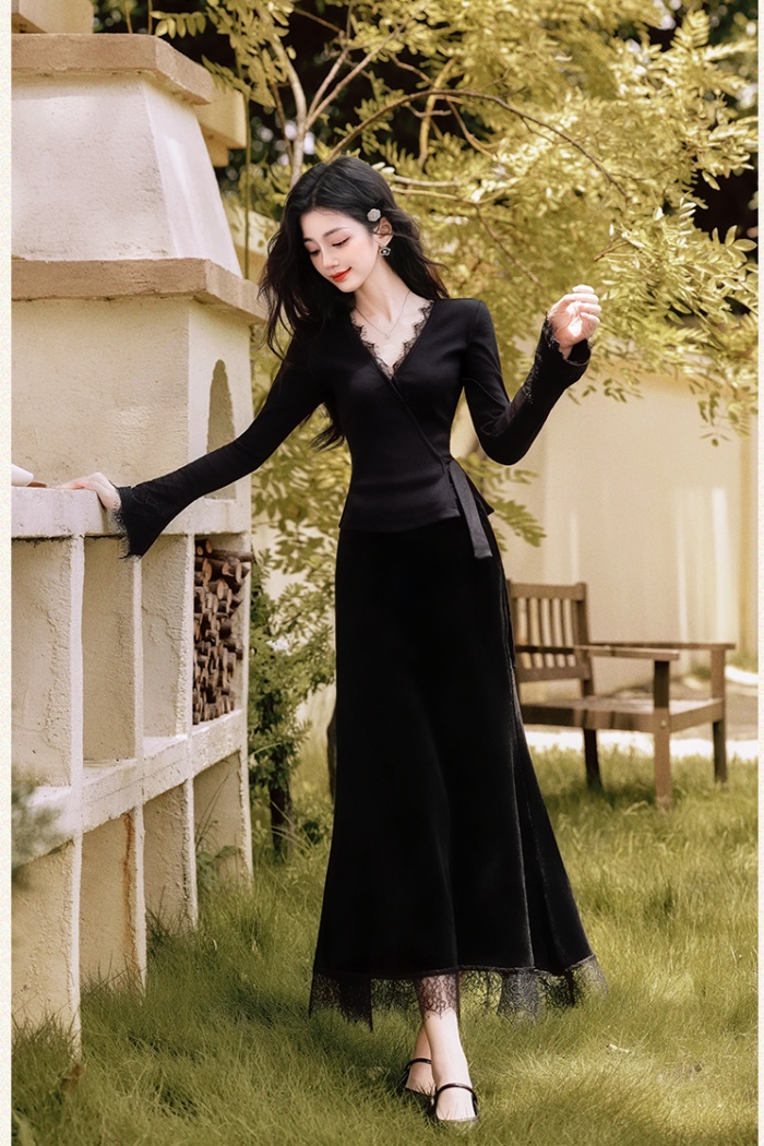 Black splice skirt lace V-neck tops 2pcs set