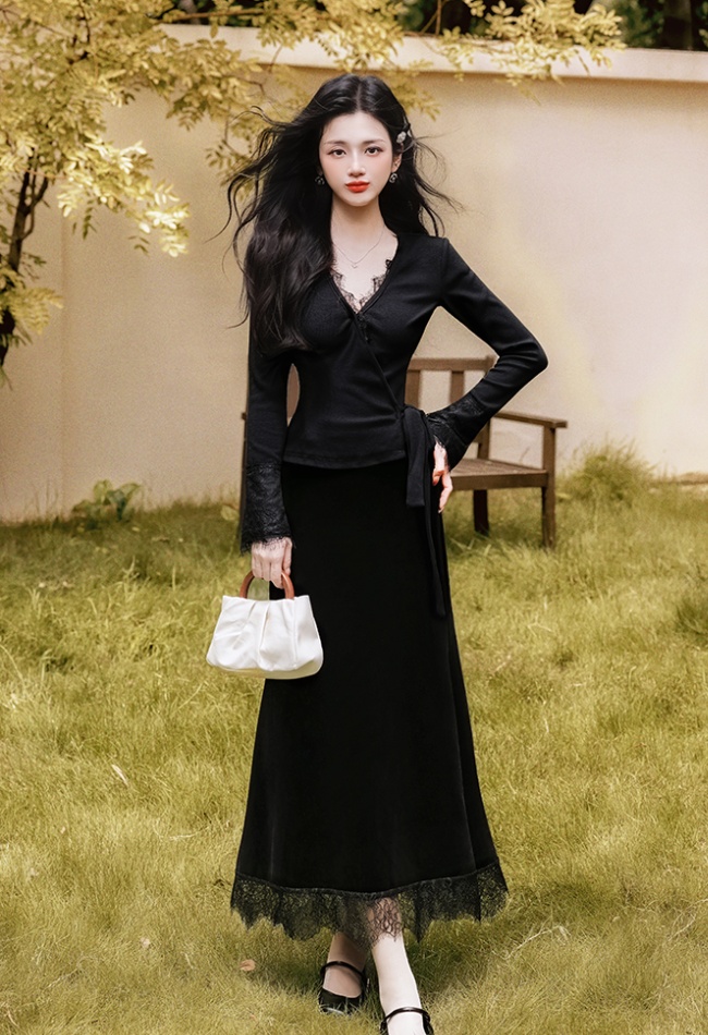 Black splice skirt lace V-neck tops 2pcs set