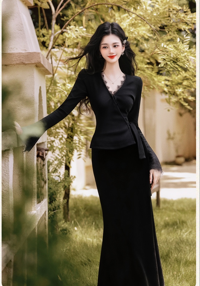 Black splice skirt lace V-neck tops 2pcs set