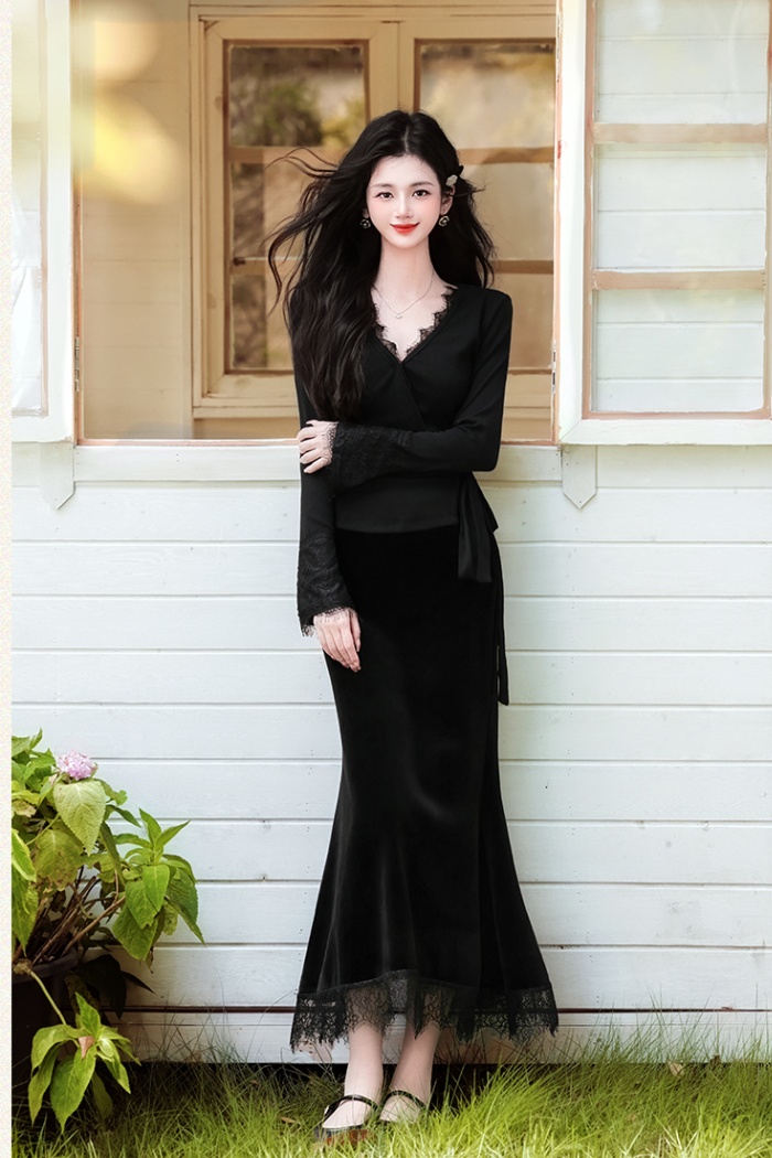 Black splice skirt lace V-neck tops 2pcs set