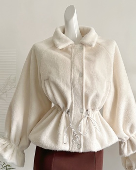 Pinched waist simple coat drawstring woolen coat for women