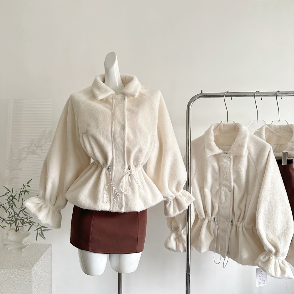 Pinched waist simple coat drawstring woolen coat for women