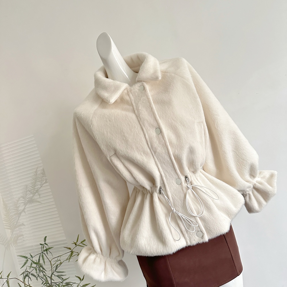 Pinched waist simple coat drawstring woolen coat for women