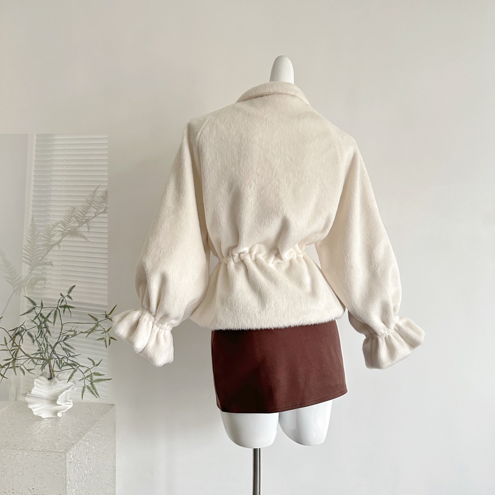 Pinched waist simple coat drawstring woolen coat for women