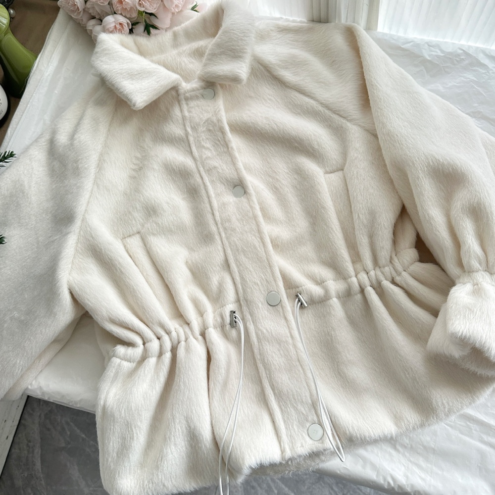 Pinched waist simple coat drawstring woolen coat for women