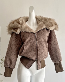Woolen retro leopard hooded fur collar Casual coat for women