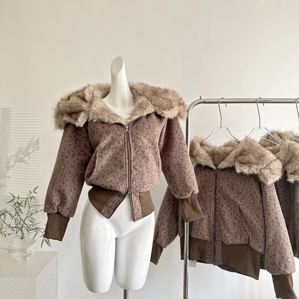 Woolen retro leopard hooded fur collar Casual coat for women