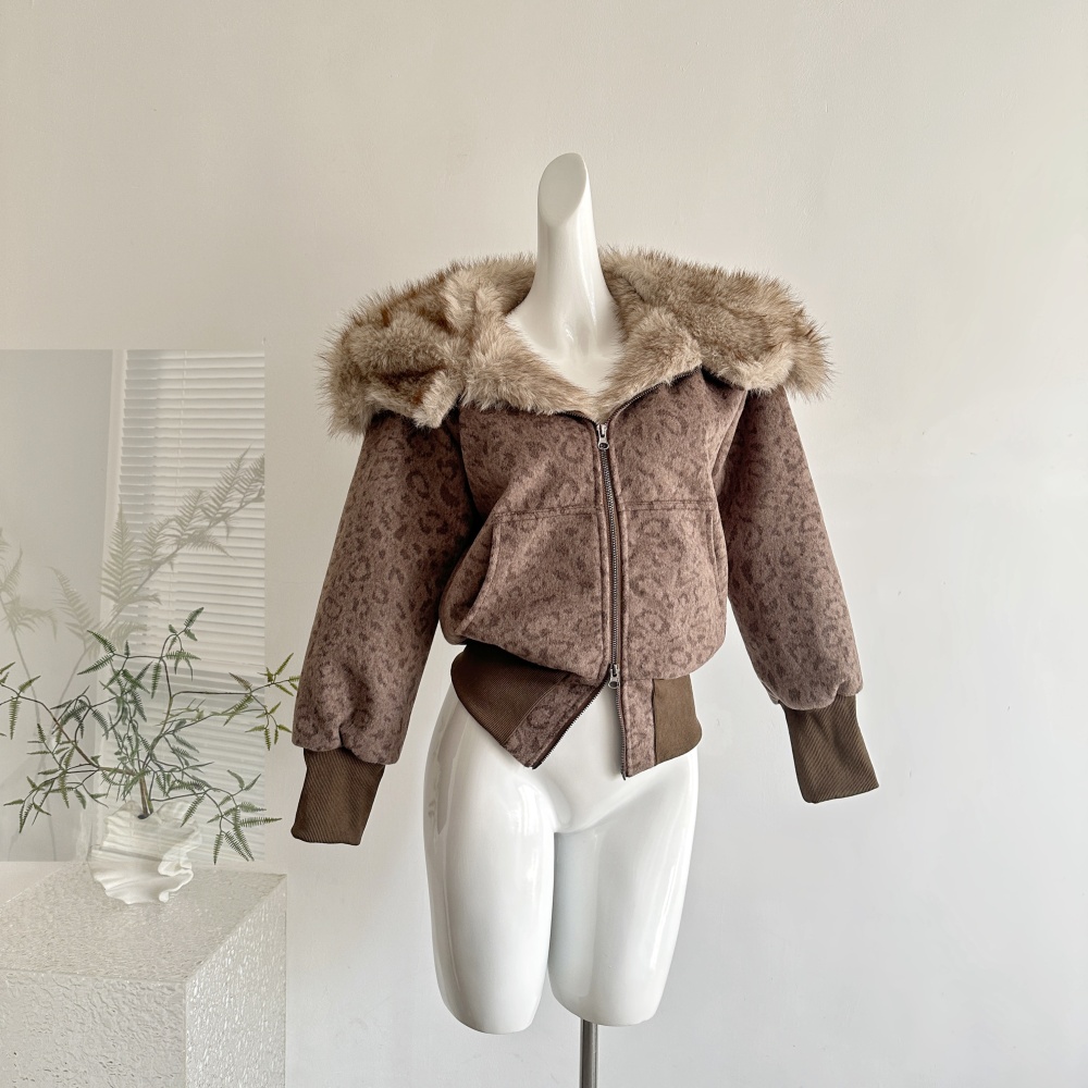 Woolen retro leopard hooded fur collar Casual coat for women