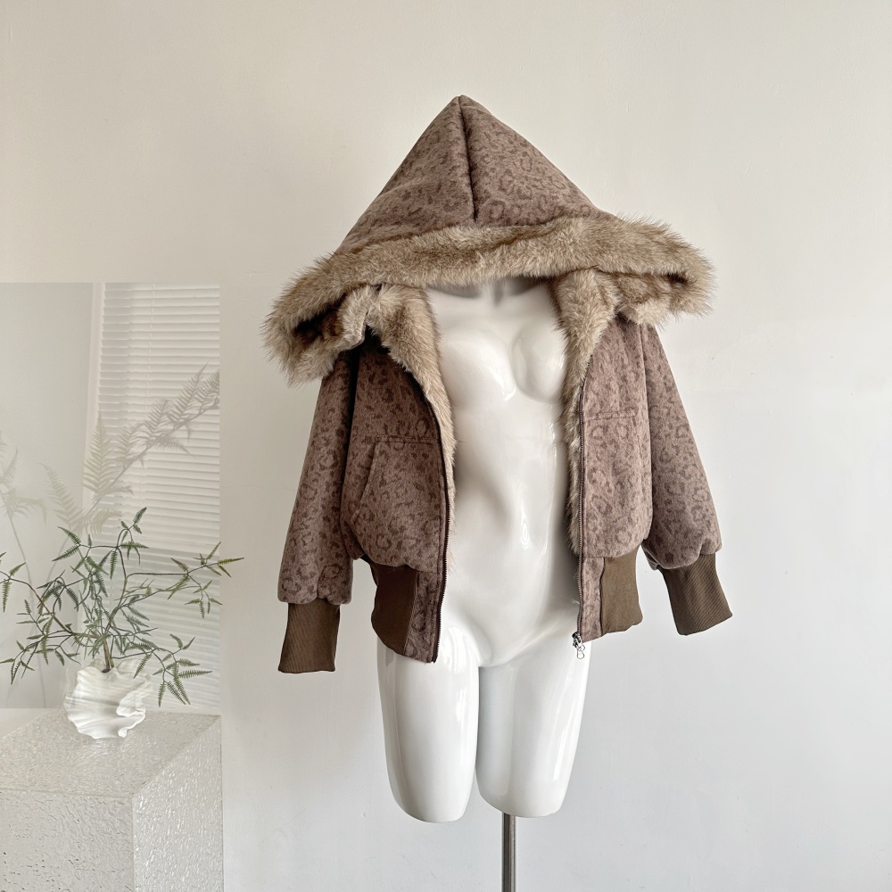 Woolen retro leopard hooded fur collar Casual coat for women