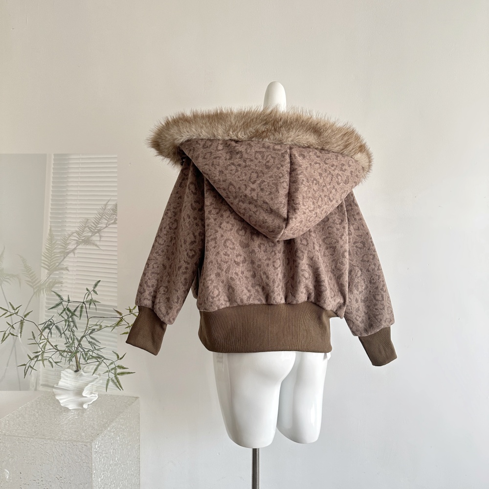 Woolen retro leopard hooded fur collar Casual coat for women