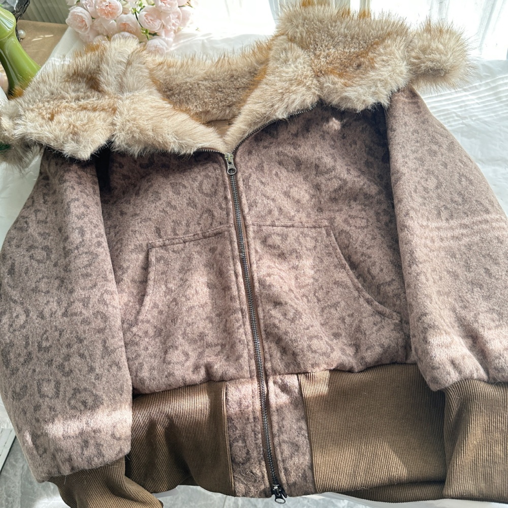 Woolen retro leopard hooded fur collar Casual coat for women