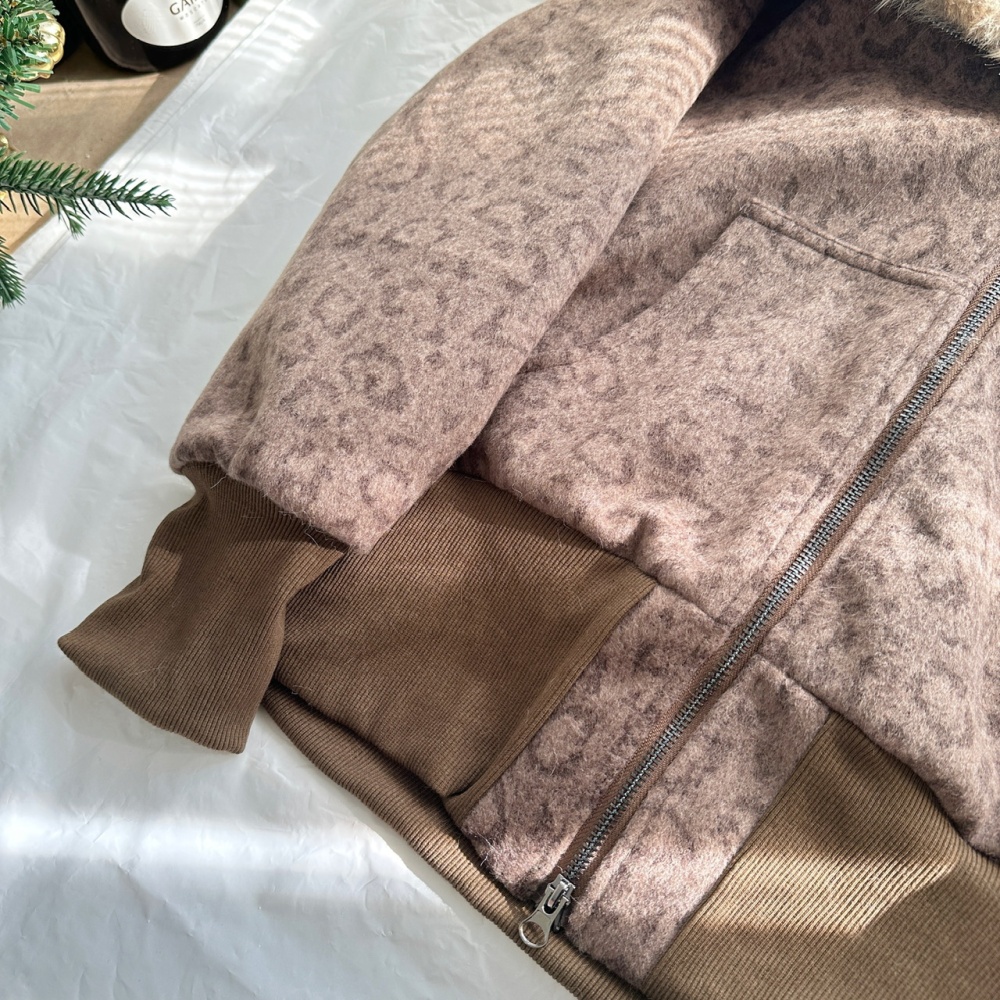 Woolen retro leopard hooded fur collar Casual coat for women