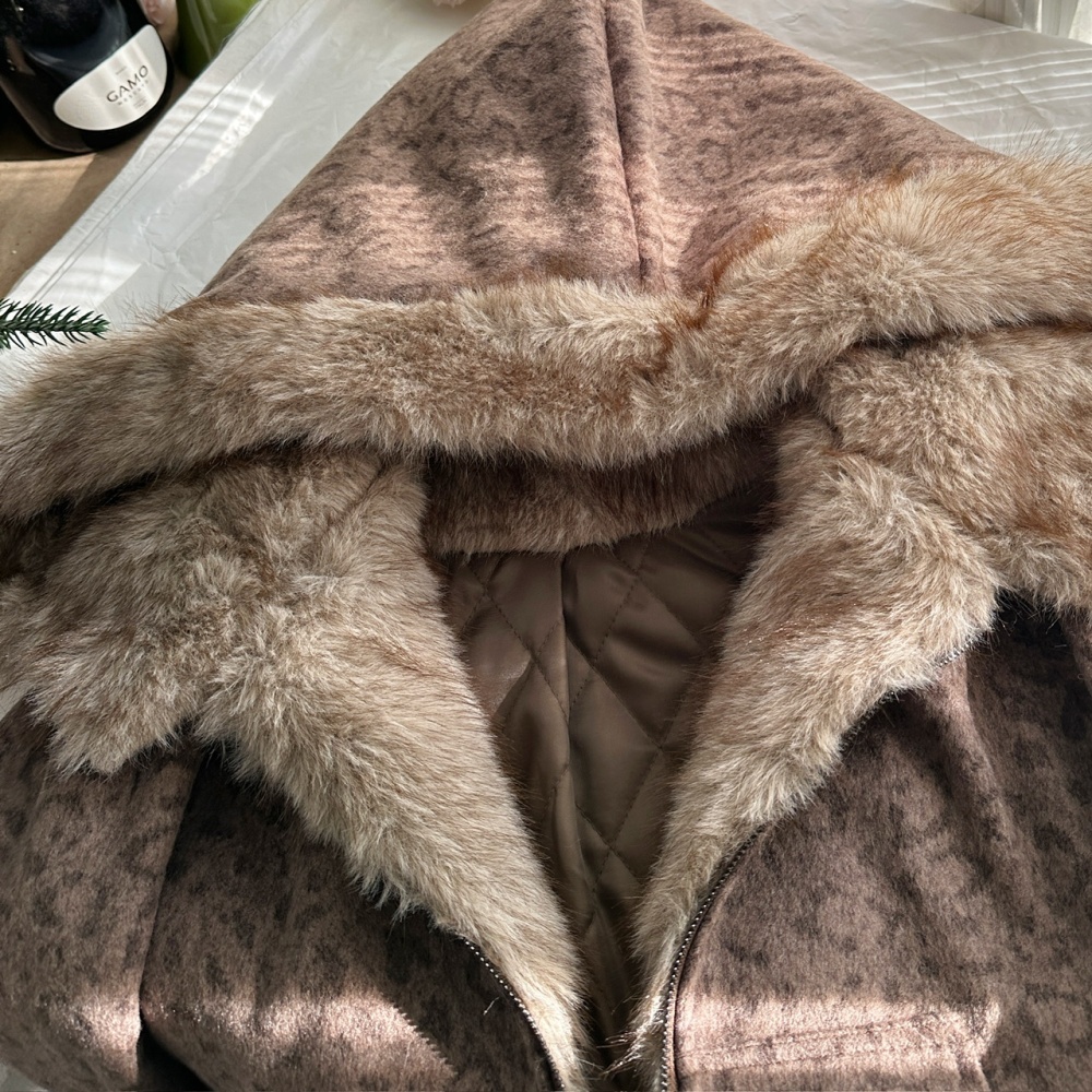 Woolen retro leopard hooded fur collar Casual coat for women