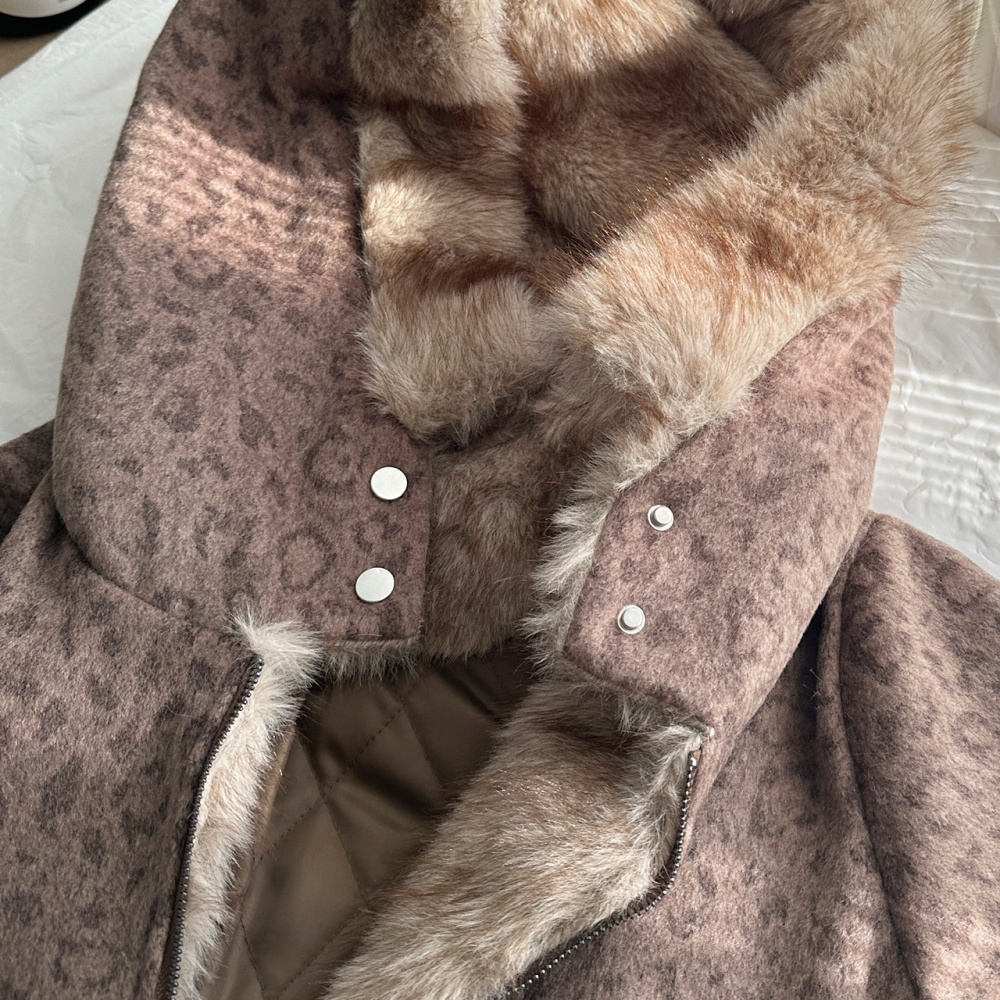 Woolen retro leopard hooded fur collar Casual coat for women