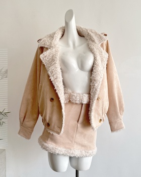 Elmo winter short skirt apricot thick coat a set