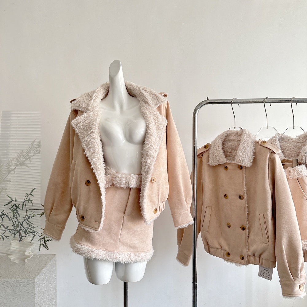 Elmo winter short skirt apricot thick coat a set