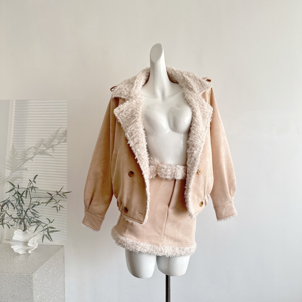 Elmo winter short skirt apricot thick coat a set