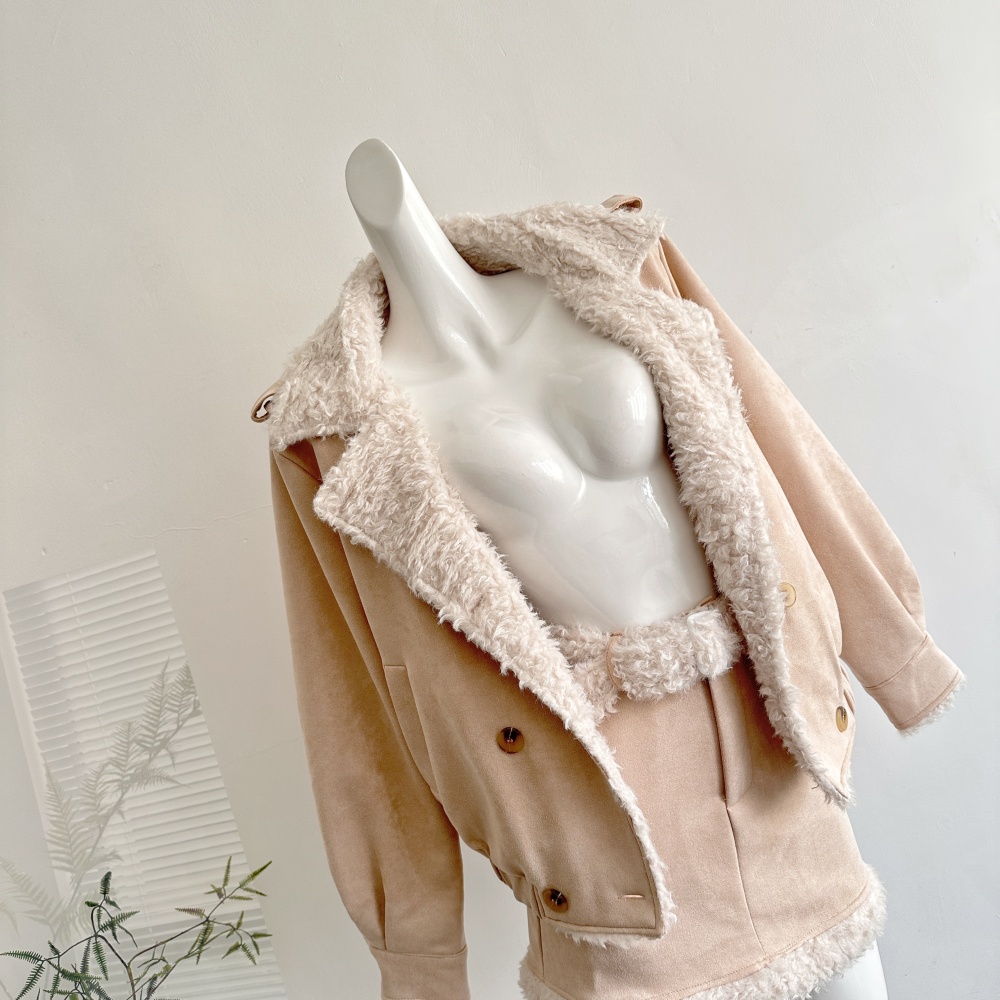 Elmo winter short skirt apricot thick coat a set