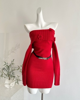 Flat shoulder christmas slim sweater dress winter red dress
