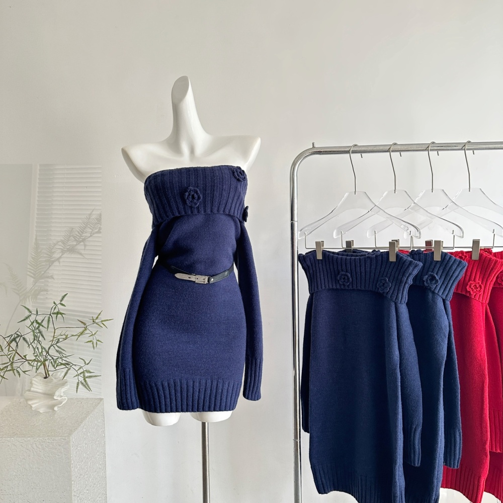 Flat shoulder christmas slim sweater dress winter red dress