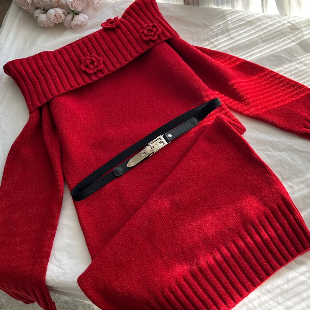 Flat shoulder christmas slim sweater dress winter red dress